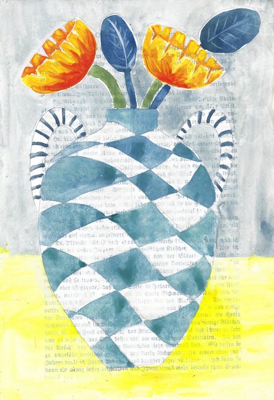 Karierte Vase mit orangefarbenen Blumen von Annick