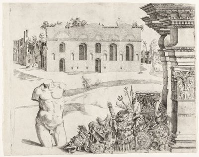 Architekturcapriccio mit Spolia, ein männlicher Torso und ein Blick auf die Thermen von Diokletian von Anonymous