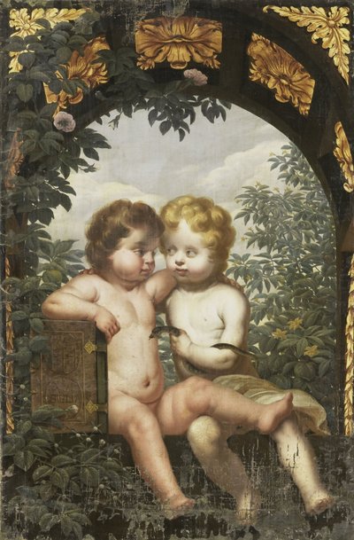 Christliche Allegorie mit zwei Kindern mit einer Bibel und einer Schlange von Anonymous