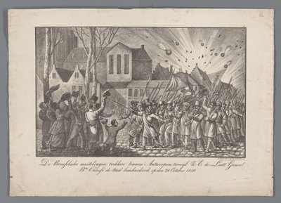 Die Brüsseler Aufständischen ziehen in Antwerpen ein, während S.E. der Generalleutnant Bn. Chassé die Stadt bombardiert, am 28. Oktober 1830 von Anonymous