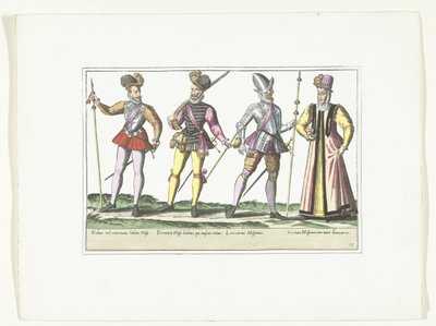 Drei spanische Soldaten in Uniform und eine Marketenderin, ca. 1580 von Anonymous