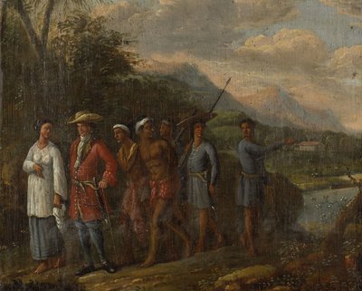 Niederländischer Kaufmann mit Sklaven in den Hügeln der Ostindien von Anonymous