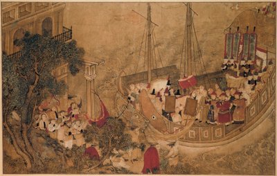 Ein chinesisches Schiff legt an einem europäischen Gebäude an von Anonymous