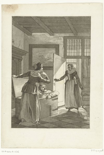 Elsje van Houweningen ertappt Hugo de Groot in der Bücherkiste, 1621 von Anonymous