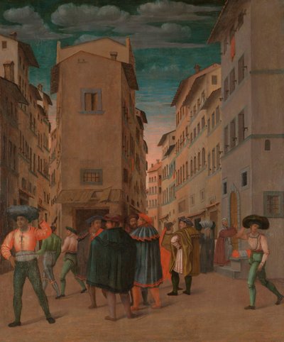 Florentinische Straßenszene mit zwölf Figuren (Beherbergung des Reisenden, eines der sieben Werke der Barmherzigkeit) von Anonymous