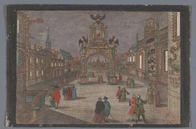 Gezicht op een triomfboog met een tweekoppige adelaar en een portretbuste van Jozef II, Duits keizer, te Frankfurt am Main von Anonymous