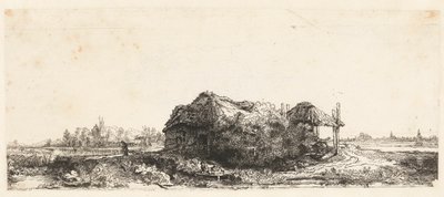 Landschaft mit Hütten und einer Heuscheune: querformatig von Anonymous