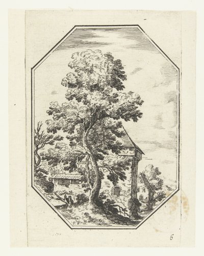 Landschaft mit großem Baum in achteckigem Rahmen (Oktogonale Landschaften) von Anonymous