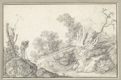 Landschaft mit kahlem Baum und Mann mit Stock von Anonymous