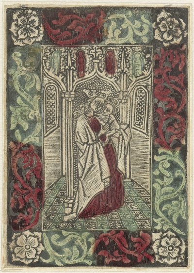 Maria mit Kind vor gotischer Architektur in rechteckiger Umrahmung mit Blattmotiven von Anonymous