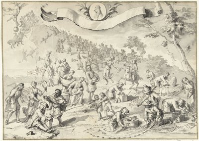 Entwurfszeichnung für den Druck Habgier versucht Fortuna einzuholen, 1720 (Het Groote Tafereel der Dwaasheid) von Anonymous