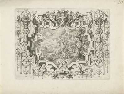 Ornamentrahmung mit Rollwerk und Figuren, darin Landschaft mit dem barmherzigen Samariter von Anonymous