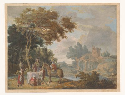 Reisende und Landbewohner in einer Landschaft mit antiken Ruinen von Anonymous