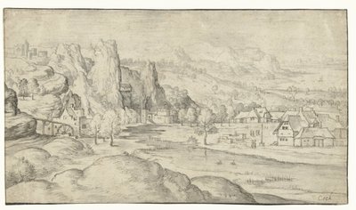 Flusslandschaft mit Wassermühle und steilen Felsen von Anonymous