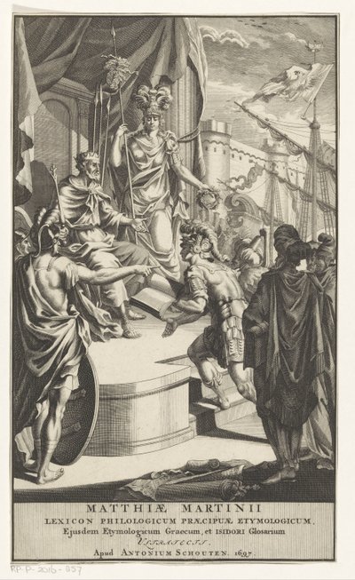 Soldat präsentiert Buch an König Titelblatt für: Matthias Martinius, Lexicon philologicum praecipuae etymologicum, 1697 von Anonymous