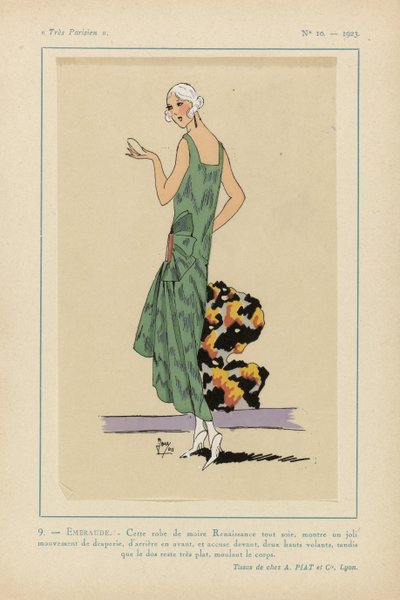 Très Parisien, 1923, No 10: 9. - EMERAUDE. - Diese Renaissance-Moire-Kleid... von Anonymous