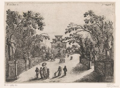 Spaziergänger in einem Park, ein Landhaus im Hintergrund von Anonymous