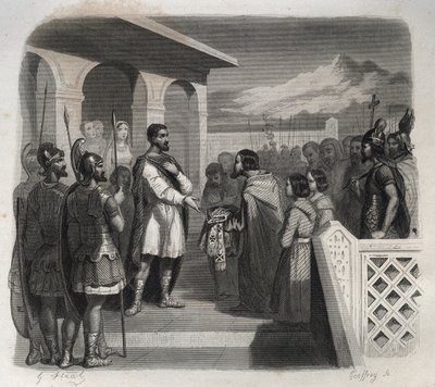 Eine Abordnung der Stadt Clermont bietet dem heiligen Sidoine Apollinar (Caius Sollius Apollinaris Sidonius), Politiker, Bischof und gallo-römischer Schriftsteller (430-486), das Bischofsamt an. Gravur von 1846 in „Lives of the saints“. Private Sammlung von Anonymous Anonymous