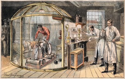 Ein Mann in einer Glocke: Experiment über den Energieverbrauch des Menschen, durchgeführt von englischen Wissenschaftlern. Gravur aus der Zeitung 