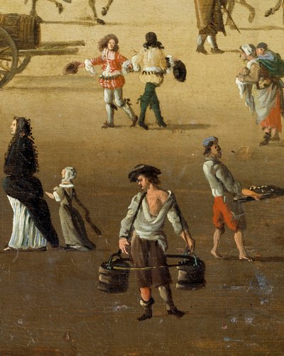 Ein Wasserträger hebt zwei Eimer auf der Pont Neuf in Paris im 17. Jahrhundert (Detail) von Anonymous Anonymous