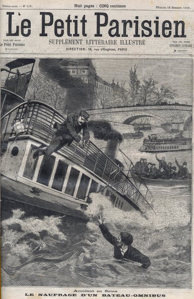 Unfall in der Seine in Paris - Das Sinken eines Omnibusbootes: Die Besatzung des Bootes springt in die Seine, um zu entkommen. Le Petit Parisien, am 18.12.1898. von Anonymous Anonymous
