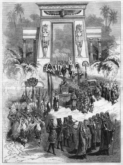 Akt II des Stücks, Aida. Große Oper in vier Akten und sieben Gemälden von Giuseppe Verdi (1813-1901) spielt im italienischen Theater in Paris. Gravur in „L
