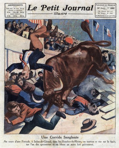 Ein Unfall während eines Stierkampfs in Salins-de-Giraud (Salins de Giraud) (Bouches du Rhone), ein Stier stürzt in die Menge und verletzt einen der Zuschauer. Illustration aus „Le petit journal“ vom 17.04.1921, private Sammlung von Anonymous Anonymous