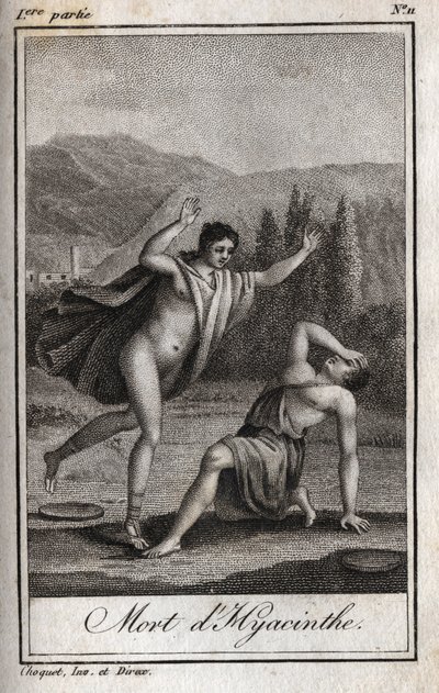 Apollo und Hyacinthos (Tod von Hyacinthos). Gravur von 1819 in „Lettres à Emilie sur la mythologie“ von Charles Albert Demoustier (1760-1801). Private Sammlung. von Anonymous Anonymous