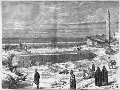 Archäologen in Ägypten: die Nadeln (Obelisken) von Kleopatra in Alexandria. Gravur in „Das illustrierte Universum“ von Anonymous Anonymous