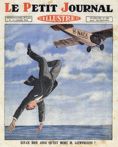 Der belgische Bankier Alfred Loewenstein starb (1877-1924), als er am 4. Juli 1928 aus einem Flugzeug in die Gewässer des Ärmelkanals fiel. „Le Petit Journal Illustré“ von Anonymous Anonymous