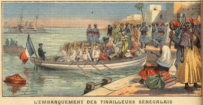 Einschiffung senegalesischer Reiter mit ihren Frauen. Gravur aus der Zeitung 