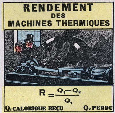 Kalorimetrie: Effizienz von Wärmemaschinen. Anonyme Illustration von 1925. Private Sammlung. von Anonymous Anonymous