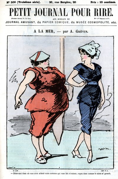 Karikatur über Menschen auf See. Zwei Frauen, von denen eine über Mode spricht: „Sag mir, wo du deinen Anzug gekauft hast, der dich so schlank macht; sieh, wie sehr meiner wächst.“ Gravur in „Petit Journal pour Rire“ von A. Grévin von Anonymous Anonymous
