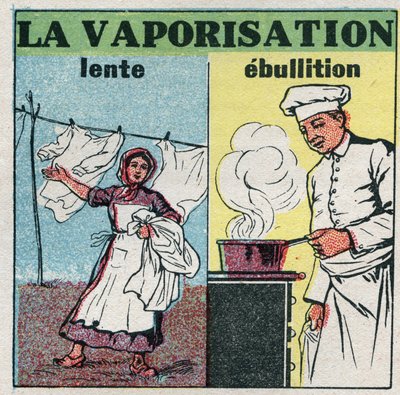 Zustandsänderungen: langsame Verdampfung (Windeinwirkung) oder Kochen (Hitze unter einer Pfanne). Anonyme Illustration von 1925. Private Sammlung. von Anonymous Anonymous