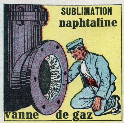 Zustandsänderungen: Sublimation. Naphthalinablagerung verstopft ein Gasventil. Anonyme Illustration von 1925. Private Sammlung. von Anonymous Anonymous