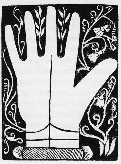 Chiromantie - Saturnlinie - Gravur 1545 in „The Art of Chyromance“ von Andre Corvo - Private Sammlung von Anonymous Anonymous