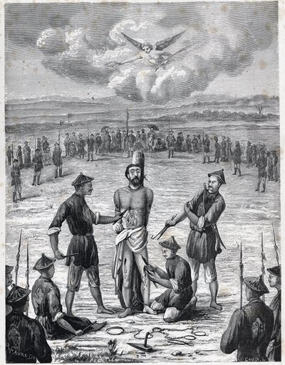 Christenverfolgung: Der französische Missionar Joseph Marchand erlitt die „Qual der hundert Wunden“ in Cochinchina am 30. November 1835. Gravur in „Les Missions Catholiques au XIXème Siècle“ von Louis-Eugène Louvet. Private Sammlung. von Anonymous Anonymous