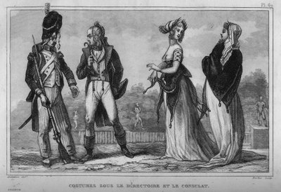 Kostüme im Exekutivrat und Konsulat. Gravur von 1859 in „Le Monde. Geschichte aller Völker von den frühesten Zeiten bis zur Gegenwart“ von M. E. de Lostalot-Bachoue. Private Sammlung. von Anonymous Anonymous