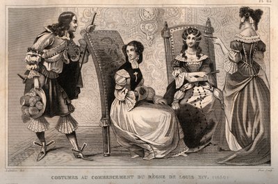 Kostüme zu Beginn der Herrschaft von Ludwig XIV (1650). Gravur von 1859 in „Le Monde. Geschichte aller Völker von den frühesten Zeiten bis zur Gegenwart“ von M. E. de Lostalot-Bachoue. Private Sammlung. von Anonymous Anonymous