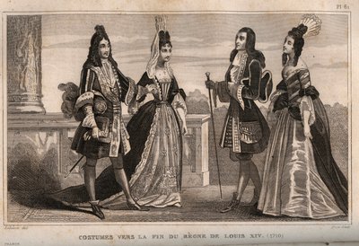 Kostüme gegen Ende der Herrschaft von König Ludwig XIV. (1710). Gravur von 1859 in „Le Monde. Geschichte aller Völker von den frühesten Zeiten bis zur Gegenwart“. von M. E. de Lostalot-Bachoue. Private Sammlung. von Anonymous Anonymous