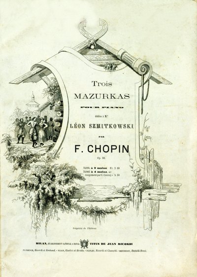 Titelblatt von „Drei Mazurken für Klavier, Opus 50“ gewidmet Leon Szmitkowski, komponiert von Frederic Chopin (1810-1849). von Anonymous Anonymous