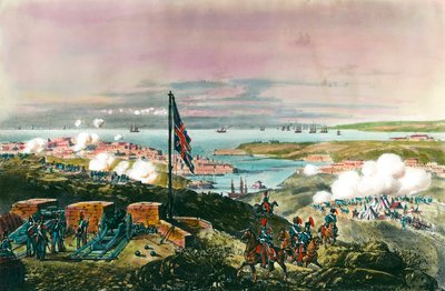 Krimkrieg (1853-1856): Die Franzosen und Briten verbündeten sich mit den Türken, um den russischen Hafen von Sewastopol zu belagern. Ansicht von der englischen Front. Gravur des 19. Jahrhunderts von Anonymous Anonymous
