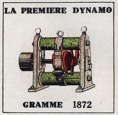 Dynamo: der erste Dynamo, erfunden von Zenobe Theophile Gram (1826-1901) im Jahr 1872. Anonyme Illustration von 1925. Private Sammlung. von Anonymous Anonymous