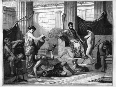 Erziehung in Sparta im antiken Griechenland: Ein betrunkener Sklave wird einem Jungen vorgestellt, um ihm die Gefahren des Alkohols zu zeigen. Gravur von 1880 in „La république illustrée“, private Sammlung. von Anonymous Anonymous