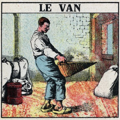 Elektrische Werkzeuge: der Wagen oder Weidenkorb zur Getreidereinigung vor der Erfindung elektrischer Maschinen. Anonyme Illustration von 1925. Private Sammlung. von Anonymous Anonymous
