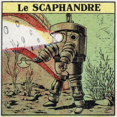 Elektrische Werkzeuge: ein Taucher am Grund des Wassers, der einen Lichtprojektor verwendet, um voranzukommen. Anonyme Illustration von 1925. Private Sammlung. von Anonymous Anonymous