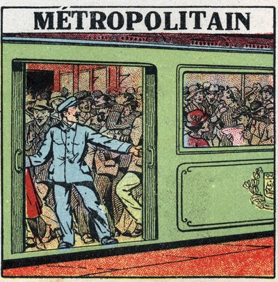 Elektrische Straßenbahnen: Passagiere drängen sich in der Métropolitain in Paris. Anonyme Illustration von 1925. Private Sammlung. von Anonymous Anonymous