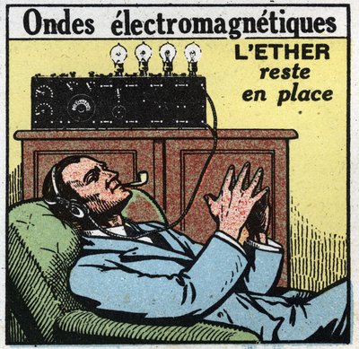 Elektrische Phänomene: Wenn der Äther an Ort und Stelle bleibt, erzeugt die Schwingungsbewegung die elektromagnetischen Wellen, die in der T.S.F. verwendet werden. Anonyme Illustration von 1925. Private Sammlung. von Anonymous Anonymous