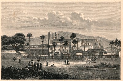 Außenansicht der Kathedrale von Port of Spain in Trinidad. Gravur in „Les Missions Catholiques au XIXeme Siecle“ von Louis-Eugene Louvet. Private Sammlung von Anonymous Anonymous