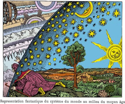 Fantastische Darstellung des Weltsystems im Mittelalter. Italienisches Bild des 18. Jahrhunderts. von Anonymous Anonymous
